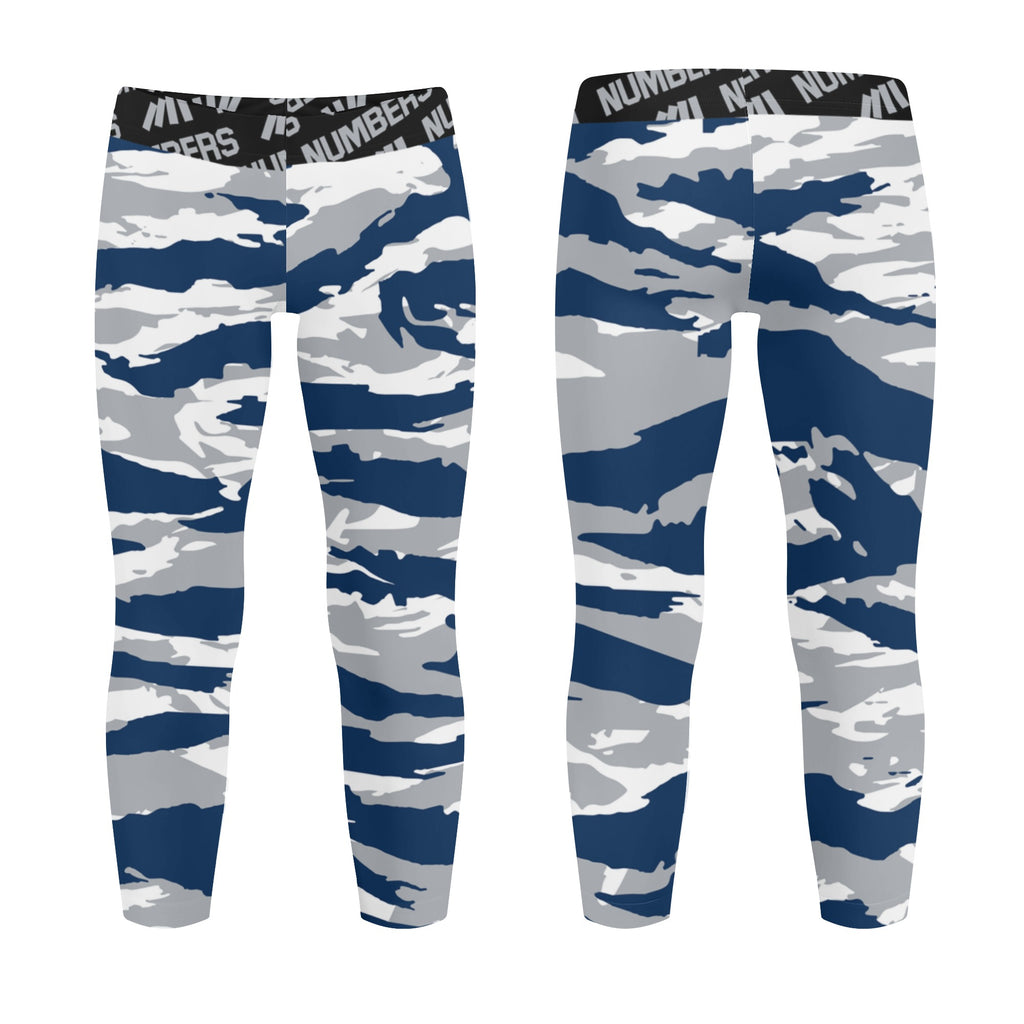 Athletic sports unisex kids youth compression tights for girls and boys flag football, tackle football, basketball, track, running, training, gym workout etc printed with predator navy blue, gray, and white Dallas Cowboys