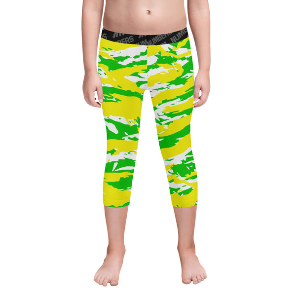 Athletic sports unisex kids youth compression tights for girls and boys flag football, tackle football, basketball, track, running, training, gym workout etc printed with predator neon green, neon yellow, and white Oregon Ducks