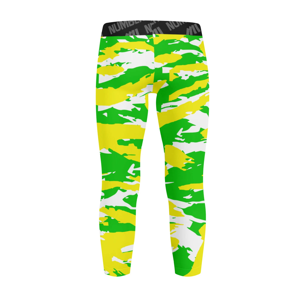 Athletic sports unisex kids youth compression tights for girls and boys flag football, tackle football, basketball, track, running, training, gym workout etc printed with predator neon green, neon yellow, and white Oregon Ducks