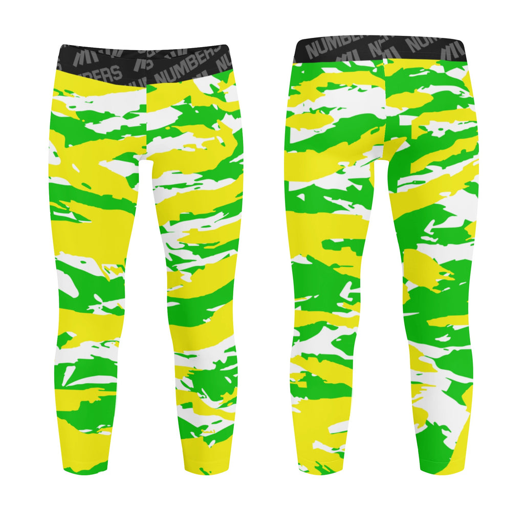 Athletic sports unisex kids youth compression tights for girls and boys flag football, tackle football, basketball, track, running, training, gym workout etc printed with predator neon green, neon yellow, and white Oregon Ducks