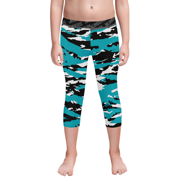 Athletic sports unisex kids youth compression tights for girls and boys flag football, tackle football, basketball, track, running, training, gym workout etc printed with predator aqua, black, and white San Jose Sharks