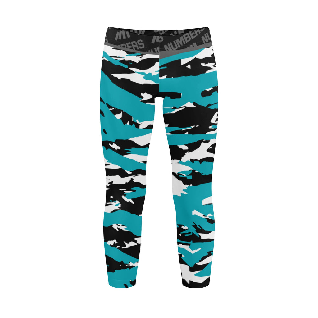 Athletic sports unisex kids youth compression tights for girls and boys flag football, tackle football, basketball, track, running, training, gym workout etc printed with predator aqua, black, and white San Jose Sharks