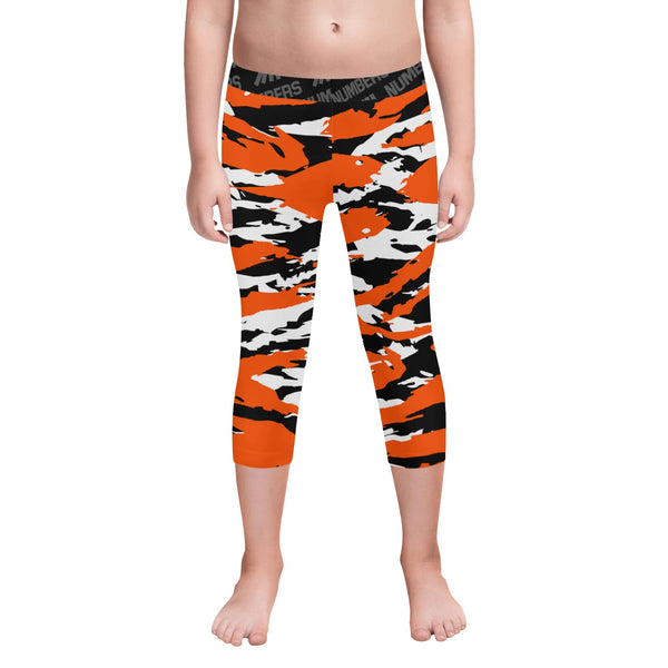 Athletic sports unisex kids youth compression tights for girls and boys flag football, tackle football, basketball, track, running, training, gym workout etc printed with predator orange, black, and white Cincinnati Bengals San Francisco Giants Baltimore Orioles