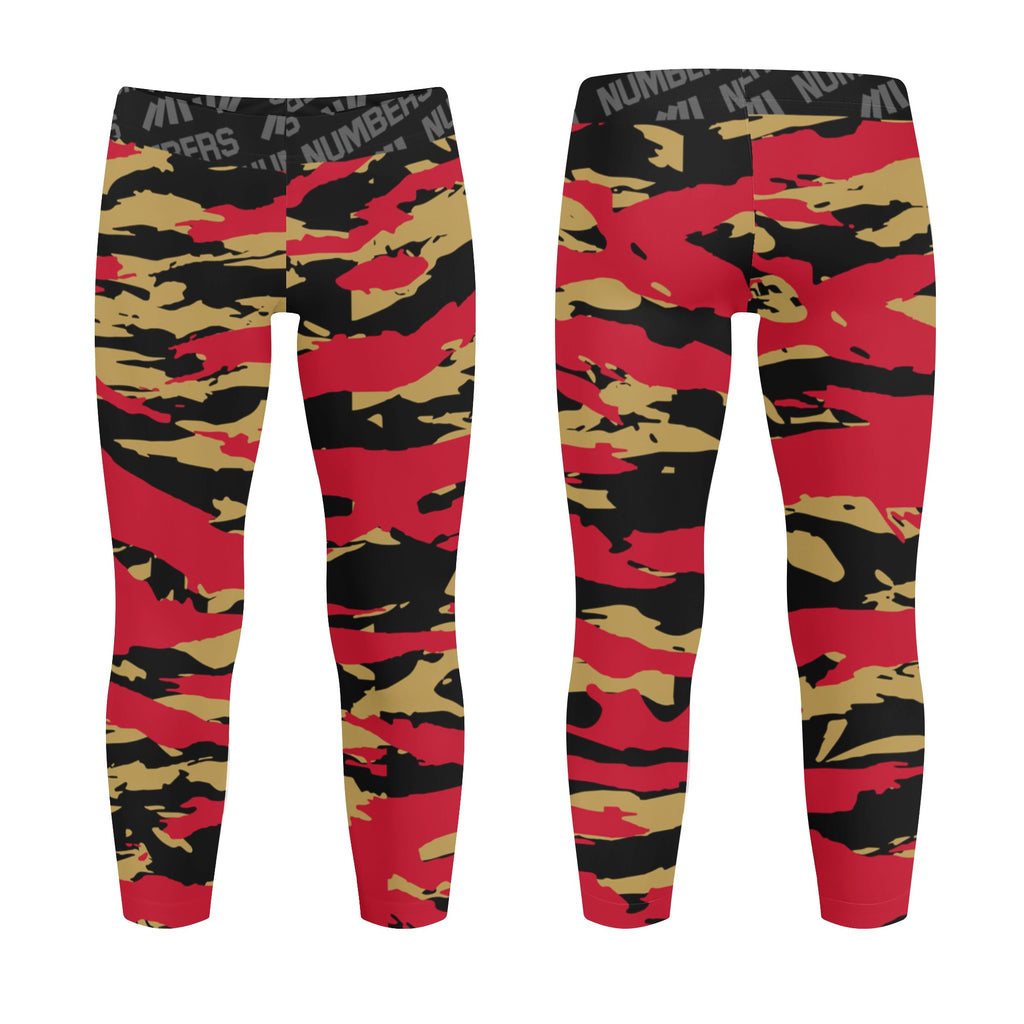 Athletic sports unisex kids youth compression tights for girls and boys flag football, tackle football, basketball, track, running, training, gym workout etc printed with predator red, gold, and black San Francisco 49'ers 