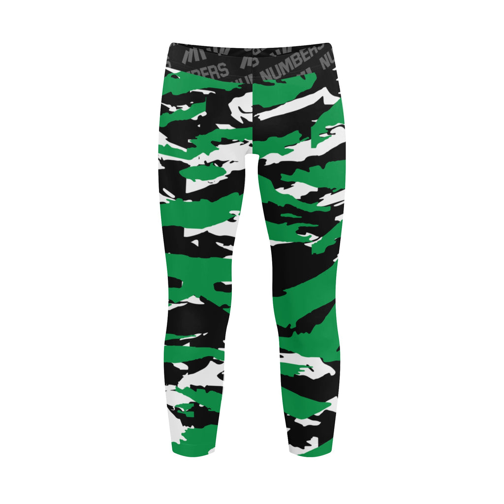 Athletic sports unisex kids youth compression tights for girls and boys flag football, tackle football, basketball, track, running, training, gym workout etc printed with predator green, black, and white Boston Celtics 