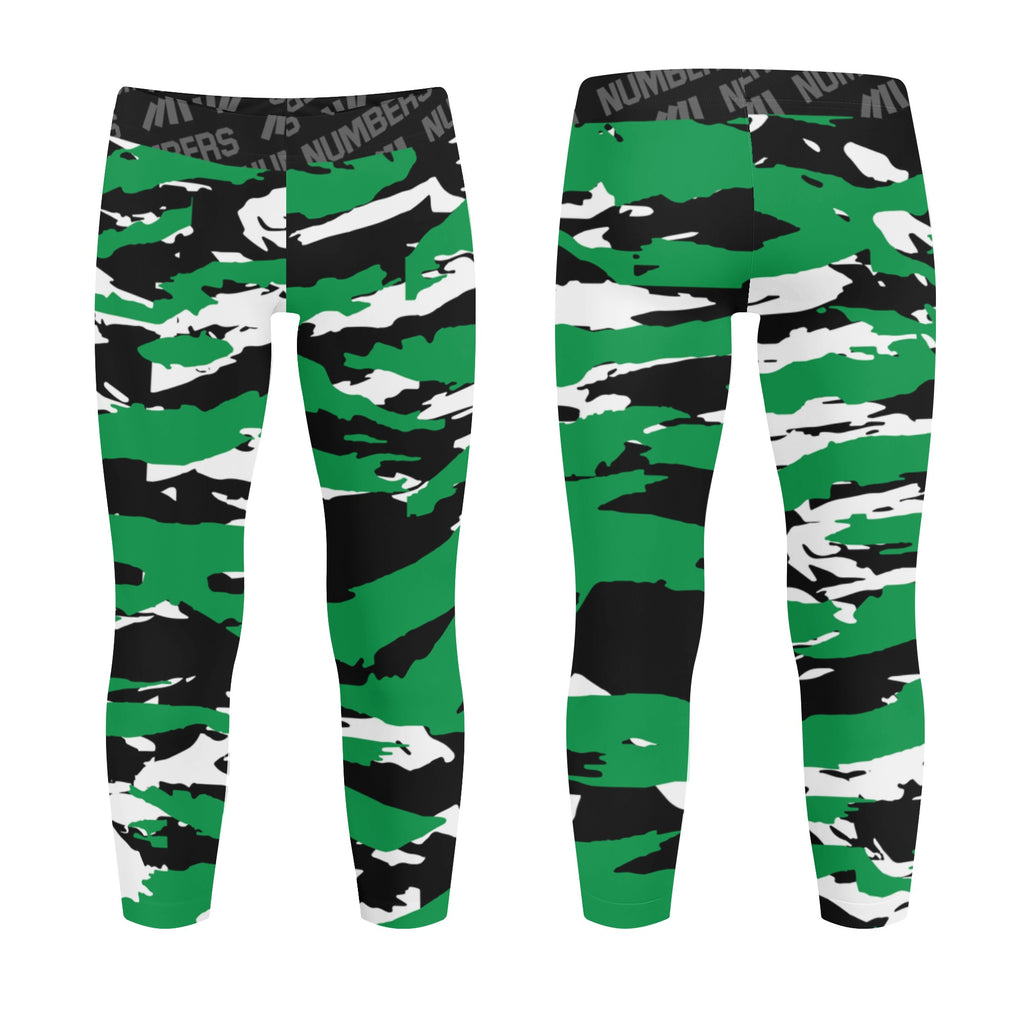 Athletic sports unisex kids youth compression tights for girls and boys flag football, tackle football, basketball, track, running, training, gym workout etc printed with predator green, black, and white Boston Celtics 