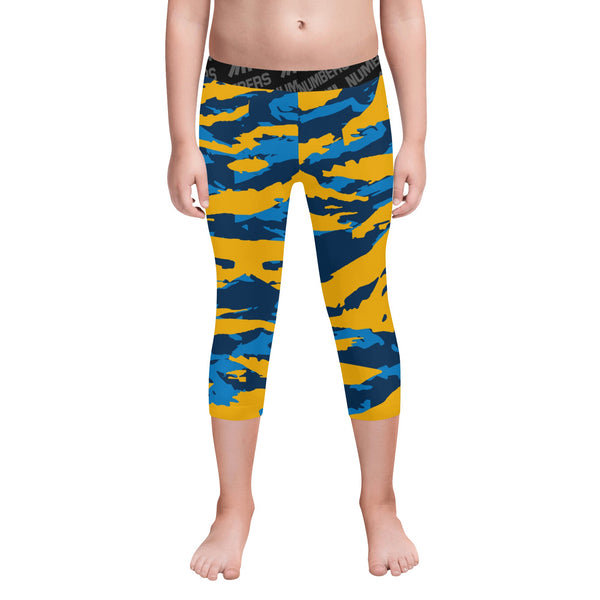 Athletic sports unisex kids youth compression tights for girls and boys flag football, tackle football, basketball, track, running, training, gym workout etc printed with predator blue, yellow, and dark blue Los Angeles Chargers