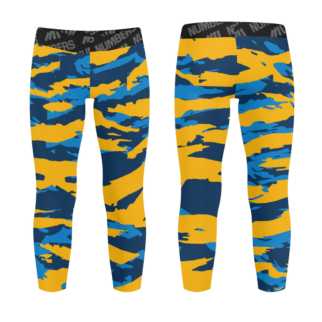 Athletic sports unisex kids youth compression tights for girls and boys flag football, tackle football, basketball, track, running, training, gym workout etc printed with predator blue, yellow, and dark blue Los Angeles Chargers