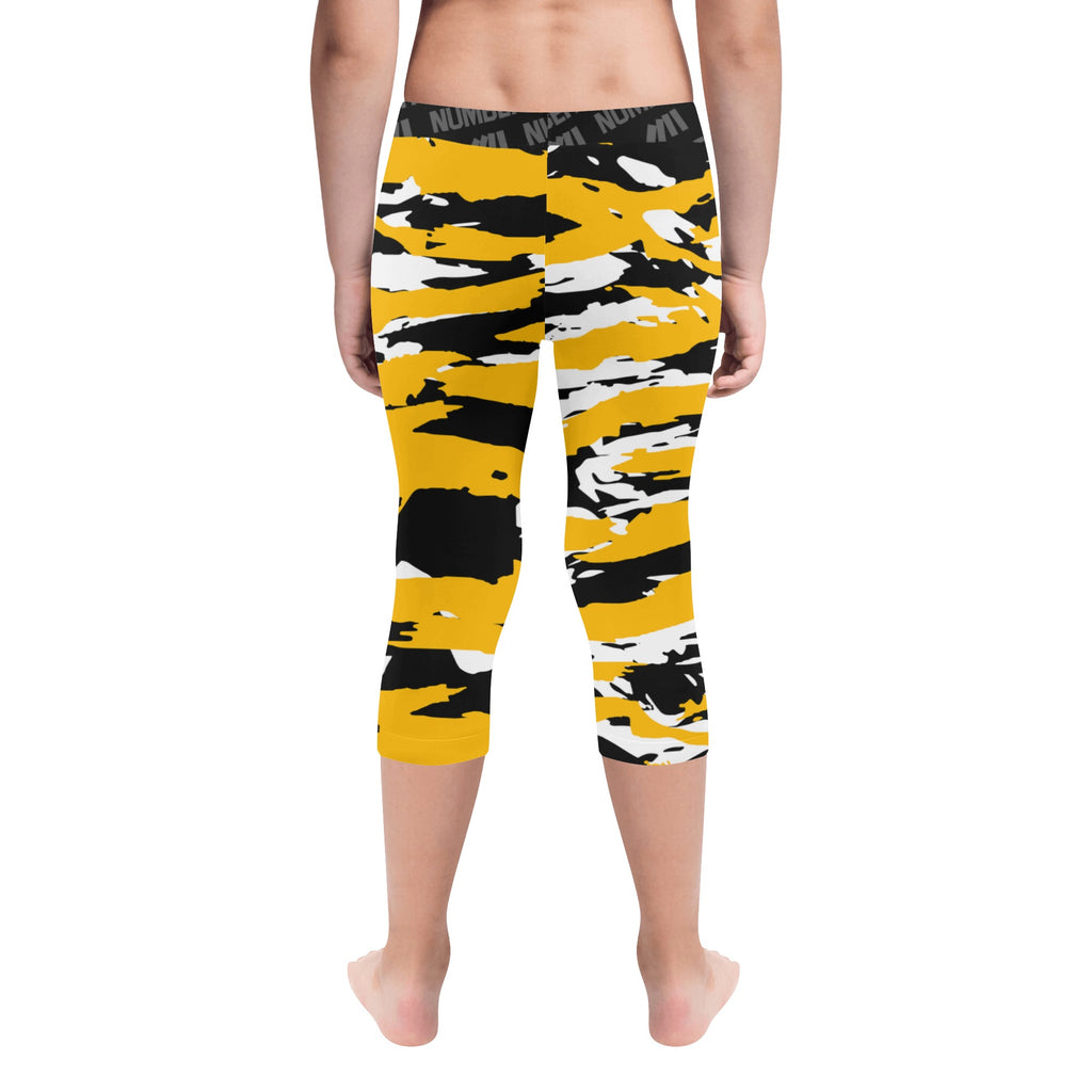 Athletic sports unisex kids youth compression tights for girls and boys flag football, tackle football, basketball, track, running, training, gym workout etc printed with predator black, yellow, and white Pittsburgh Steelers Pittsburgh Pirates Missouri Tigers
