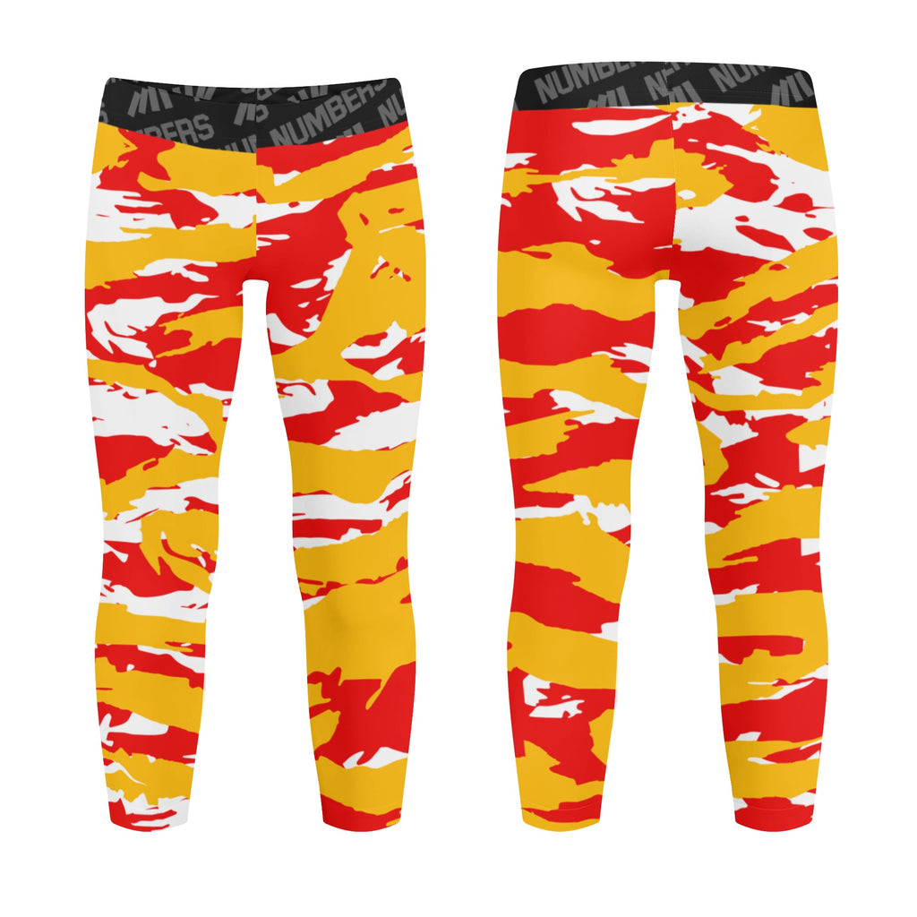 Athletic sports unisex kids youth compression tights for girls and boys flag football, tackle football, basketball, track, running, training, gym workout etc printed with predator red, yellow, and white Kansas City Chiefs