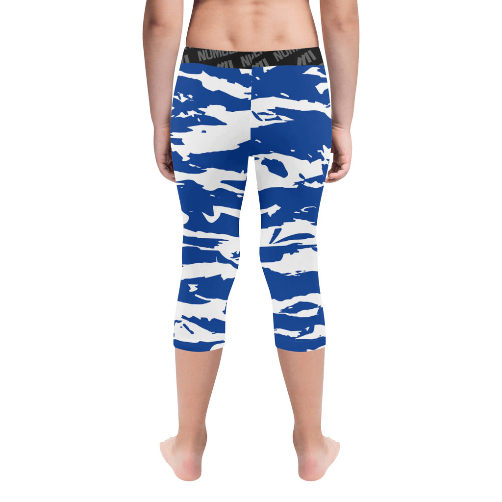 Athletic sports unisex kids youth compression tights for girls and boys flag football, tackle football, basketball, track, running, training, gym workout etc printed with predator blue and white Indianapolis Colts