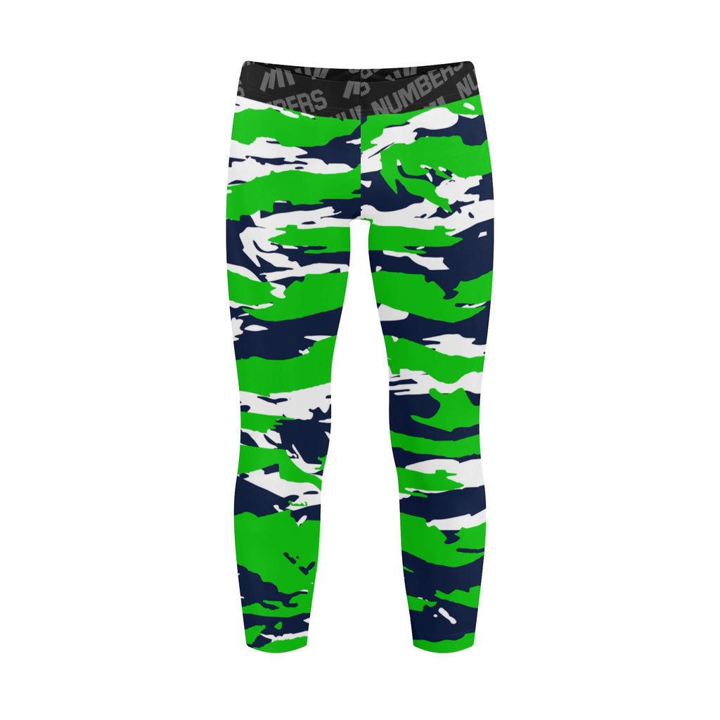 Athletic sports unisex kids youth compression tights for girls and boys flag football, tackle football, basketball, track, running, training, gym workout etc printed with predator green, navy blue, and white Seattle Seahawks