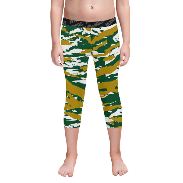 Athletic sports unisex kids youth compression tights for girls and boys flag football, tackle football, basketball, track, running, training, gym workout etc printed with predator green, gold, and white Colorado State Rams