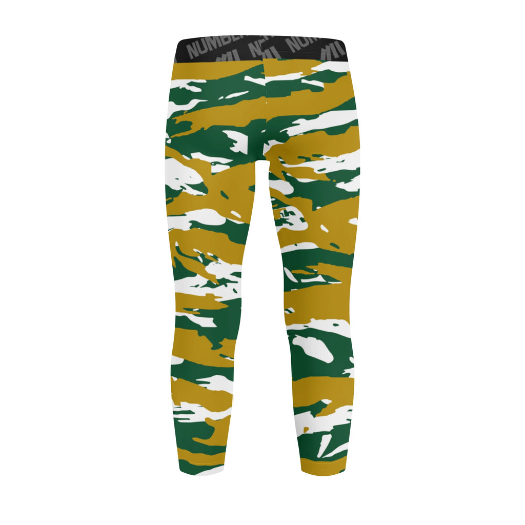 Athletic sports unisex kids youth compression tights for girls and boys flag football, tackle football, basketball, track, running, training, gym workout etc printed with predator green, gold, and white Colorado State Rams