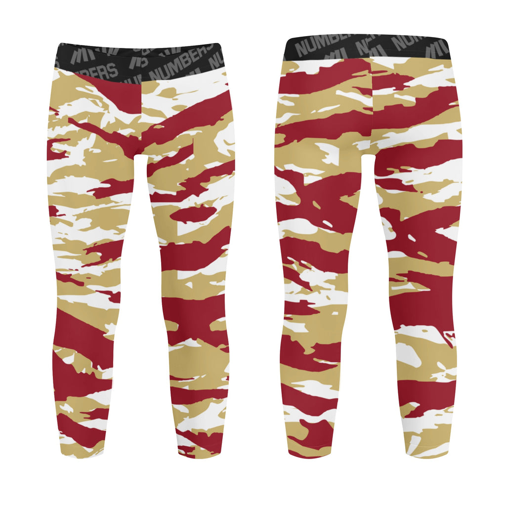 Athletic sports unisex kids youth compression tights for girls and boys flag football, tackle football, basketball, track, running, training, gym workout etc printed with predator maroon, gold, and white Florida State Seminoles