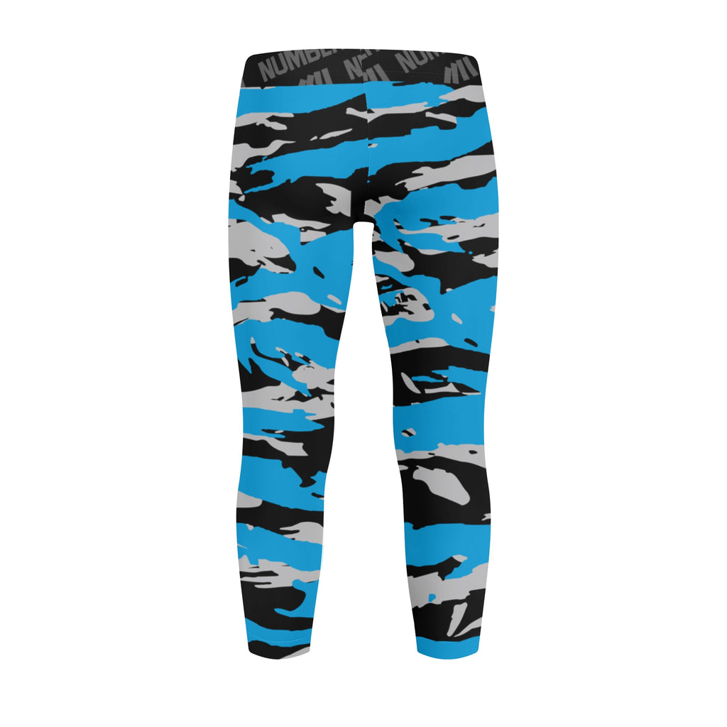 Athletic sports unisex kids youth compression tights for girls and boys flag football, tackle football, basketball, track, running, training, gym workout etc printed with predator blue, black, and gray Carolina Panthers