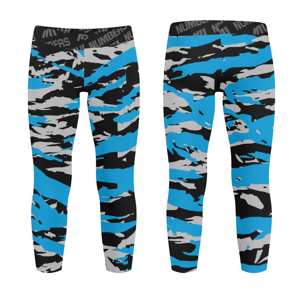 Athletic sports unisex kids youth compression tights for girls and boys flag football, tackle football, basketball, track, running, training, gym workout etc printed with predator blue, black, and gray Carolina Panthers