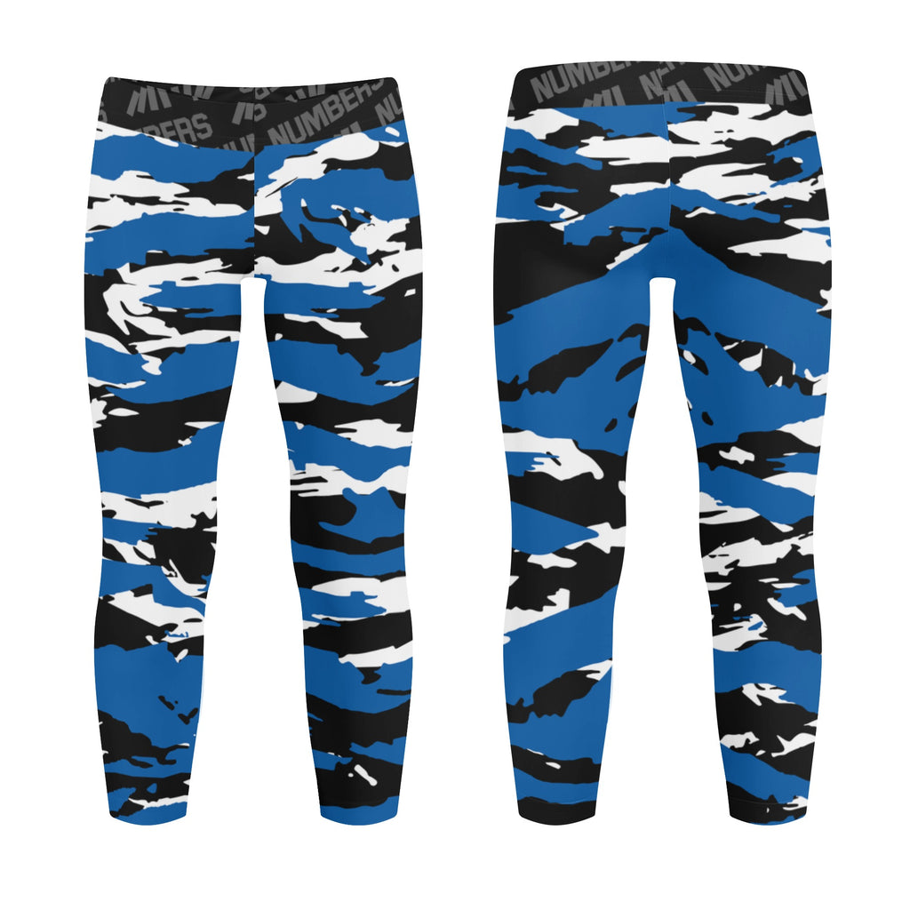 Athletic sports unisex kids youth compression tights for girls and boys flag football, tackle football, basketball, track, running, training, gym workout etc printed with predator blue, black, and white Orlando Magic