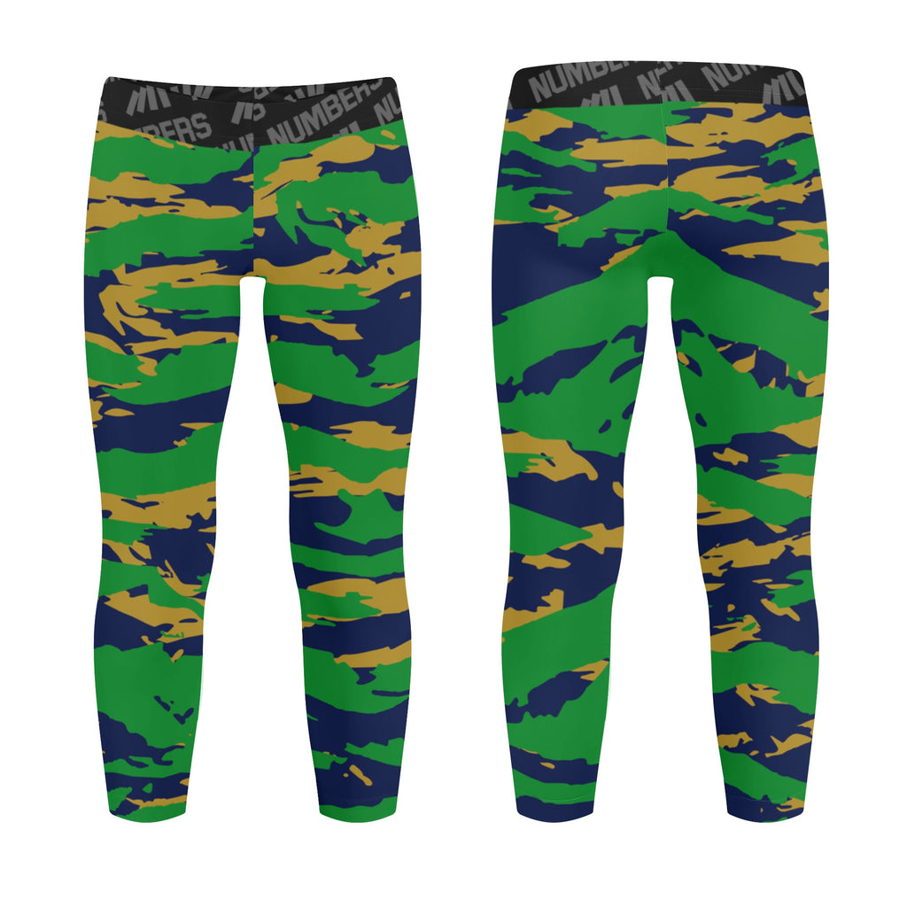 Athletic sports unisex kids youth compression tights for girls and  boys flag football, tackle football, basketball, track, running, training,  gym workout etc printed with predator green, navy blue, and gold  Notre Dame Fighting Irish