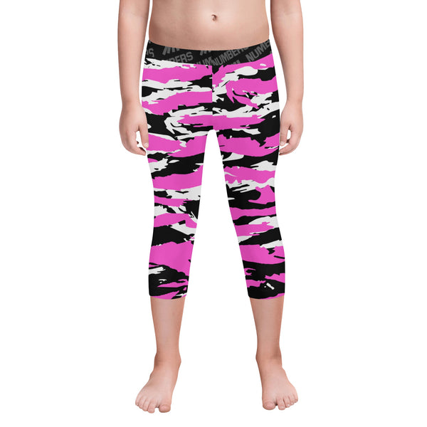 Athletic sports unisex kids youth compression tights for girls and boys flag football, tackle football, basketball, track, running, training, gym workout etc printed with predator pink and white 