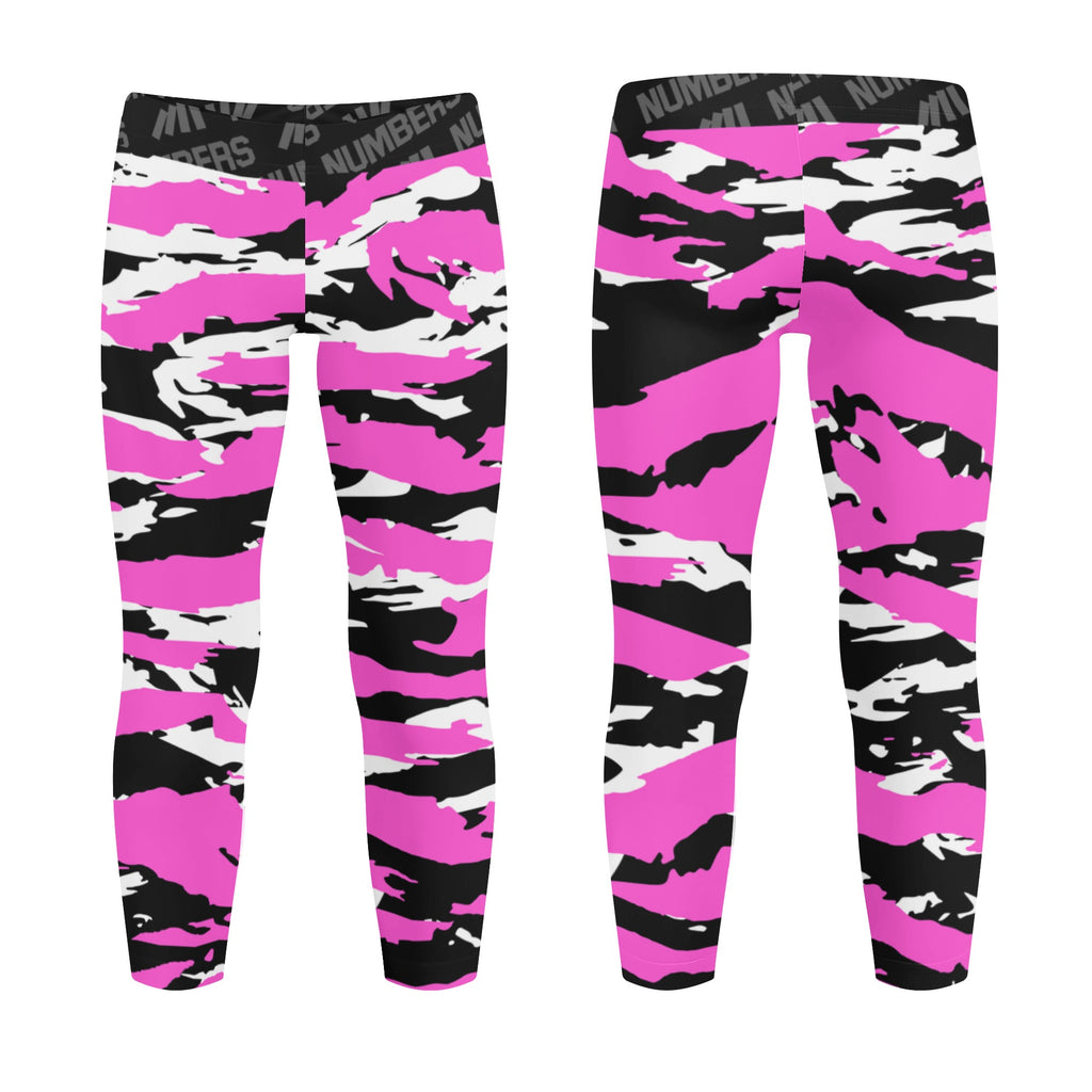 Athletic sports unisex kids youth compression tights for girls and boys flag football, tackle football, basketball, track, running, training, gym workout etc printed with predator pink and white 