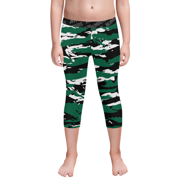 Athletic sports unisex kids youth compression tights for girls and boys flag football, tackle football, basketball, track, running, training, gym workout etc printed with predator forest green, black, and white  New York Jets Philadelphia Eagles