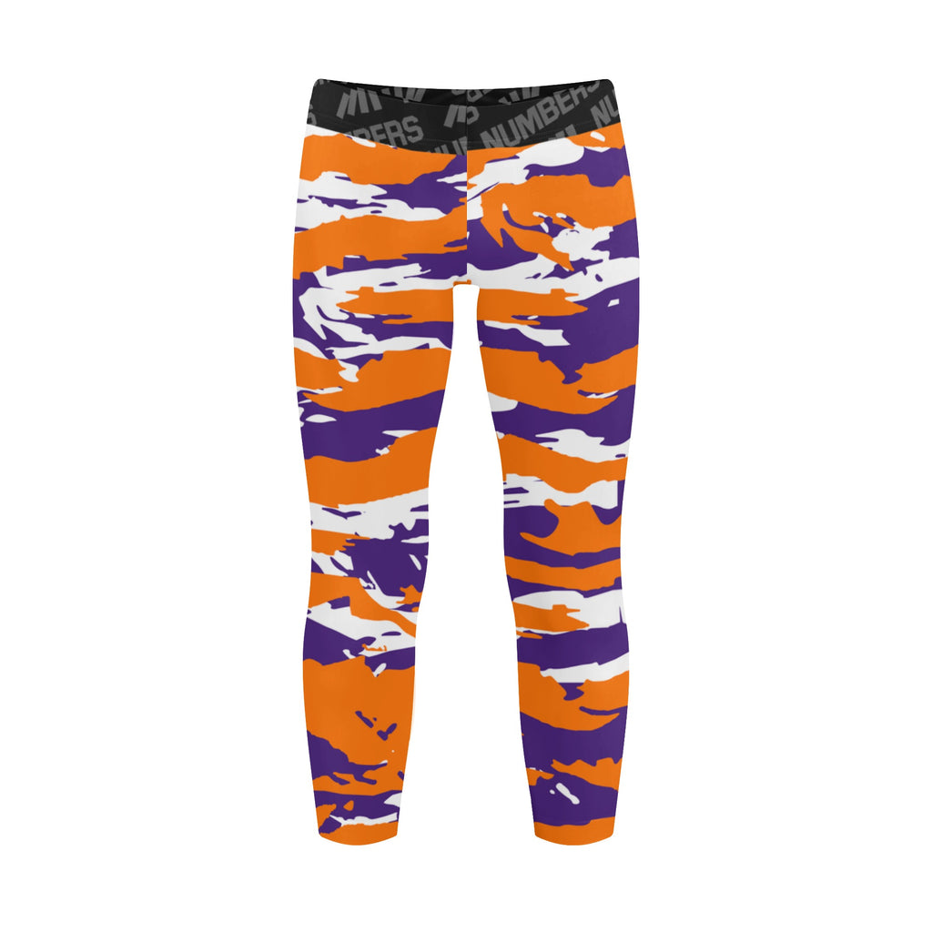 Athletic sports unisex kids youth compression tights for girls and boys flag football, tackle football, basketball, track, running, training, gym workout etc printed with predator orange, purple, and white Clemson Tigers Phoenix Tigers