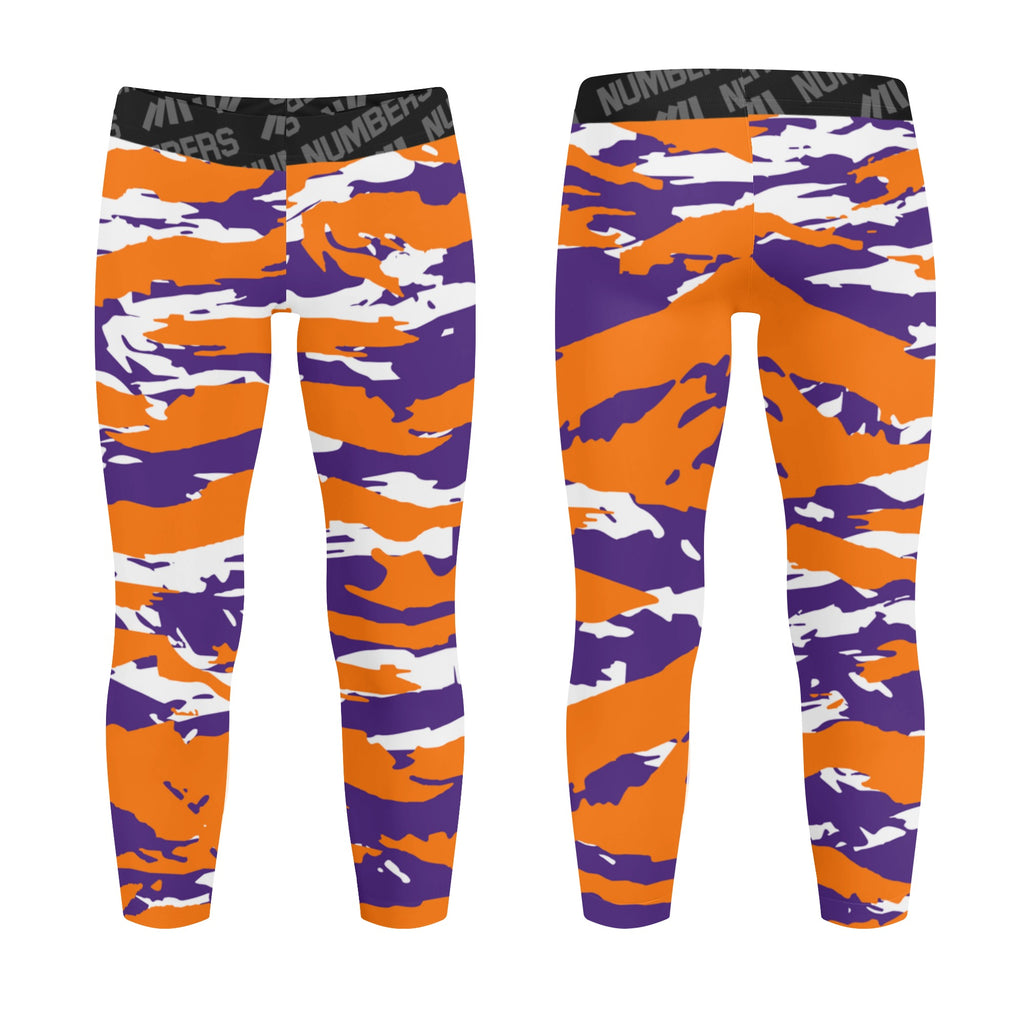 Athletic sports unisex kids youth compression tights for girls and boys flag football, tackle football, basketball, track, running, training, gym workout etc printed with predator orange, purple, and white Clemson Tigers Phoenix Tigers