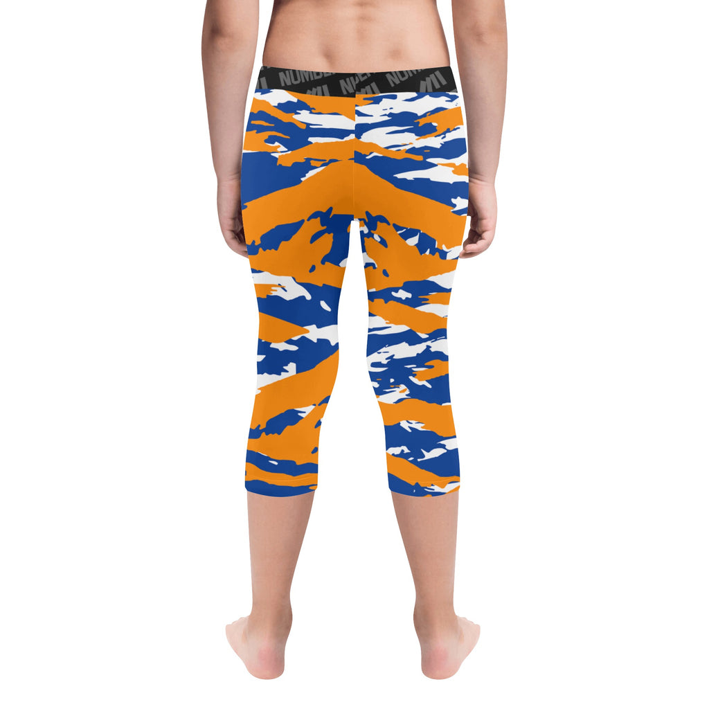 Athletic sports unisex kids youth compression tights for girls and boys flag football, tackle football, basketball, track, running, training, gym workout etc printed with predator royal blue, orange, and white New York Mets Boise Broncos