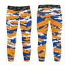 Athletic sports unisex kids youth compression tights for girls and boys flag football, tackle football, basketball, track, running, training, gym workout etc printed with predator royal blue, orange, and white New York Mets Boise Broncos