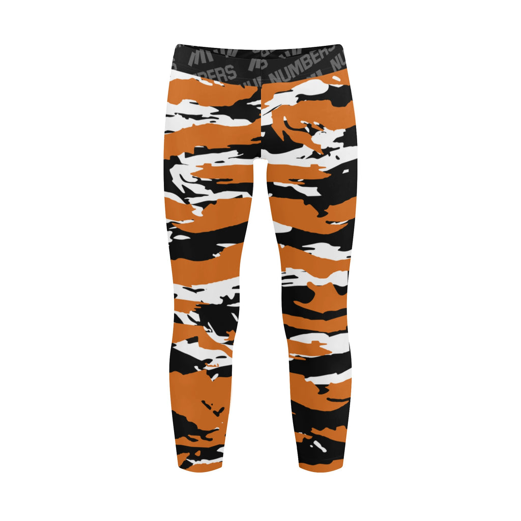 Athletic sports unisex kids youth compression tights for girls and boys flag football, tackle football, basketball, track, running, training, gym workout etc printed with predator burnt orange, black, and white Texas Longhorns