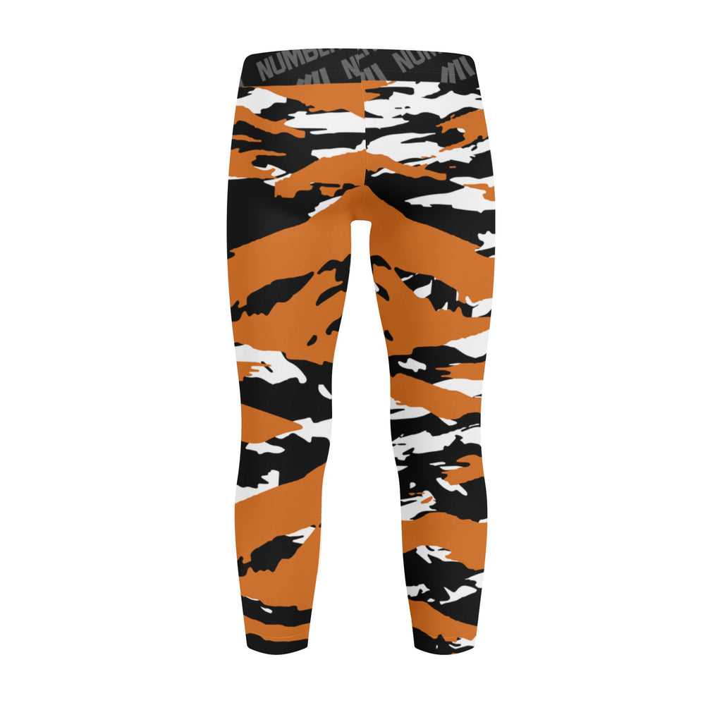 Athletic sports unisex kids youth compression tights for girls and boys flag football, tackle football, basketball, track, running, training, gym workout etc printed with predator burnt orange, black, and white Texas Longhorns