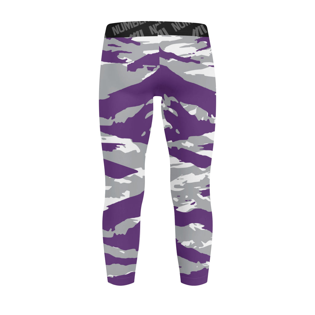 Athletic sports unisex kids youth compression tights for girls and boys flag football, tackle football, basketball, track, running, training, gym workout etc printed with predator purple, gray, and white TCU Horned Frogs