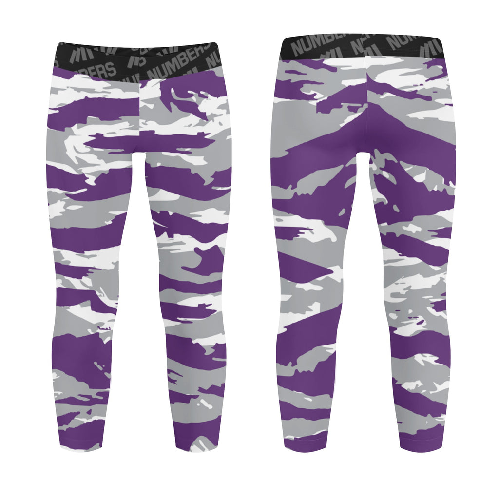 Athletic sports unisex kids youth compression tights for girls and boys flag football, tackle football, basketball, track, running, training, gym workout etc printed with predator purple, gray, and white TCU Horned Frogs