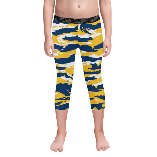 Athletic sports unisex kids youth compression tights for girls and boys flag football, tackle football, basketball, track, running, training, gym workout etc printed with predator navy blue, yellow, and white Indiana Pacers Michigan Wolverines