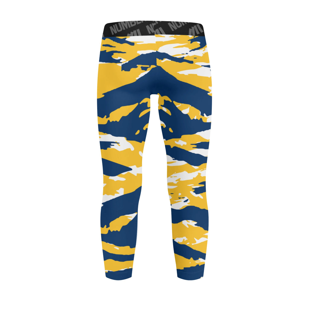 Athletic sports unisex kids youth compression tights for girls and boys flag football, tackle football, basketball, track, running, training, gym workout etc printed with predator navy blue, yellow, and white Indiana Pacers Michigan Wolverines