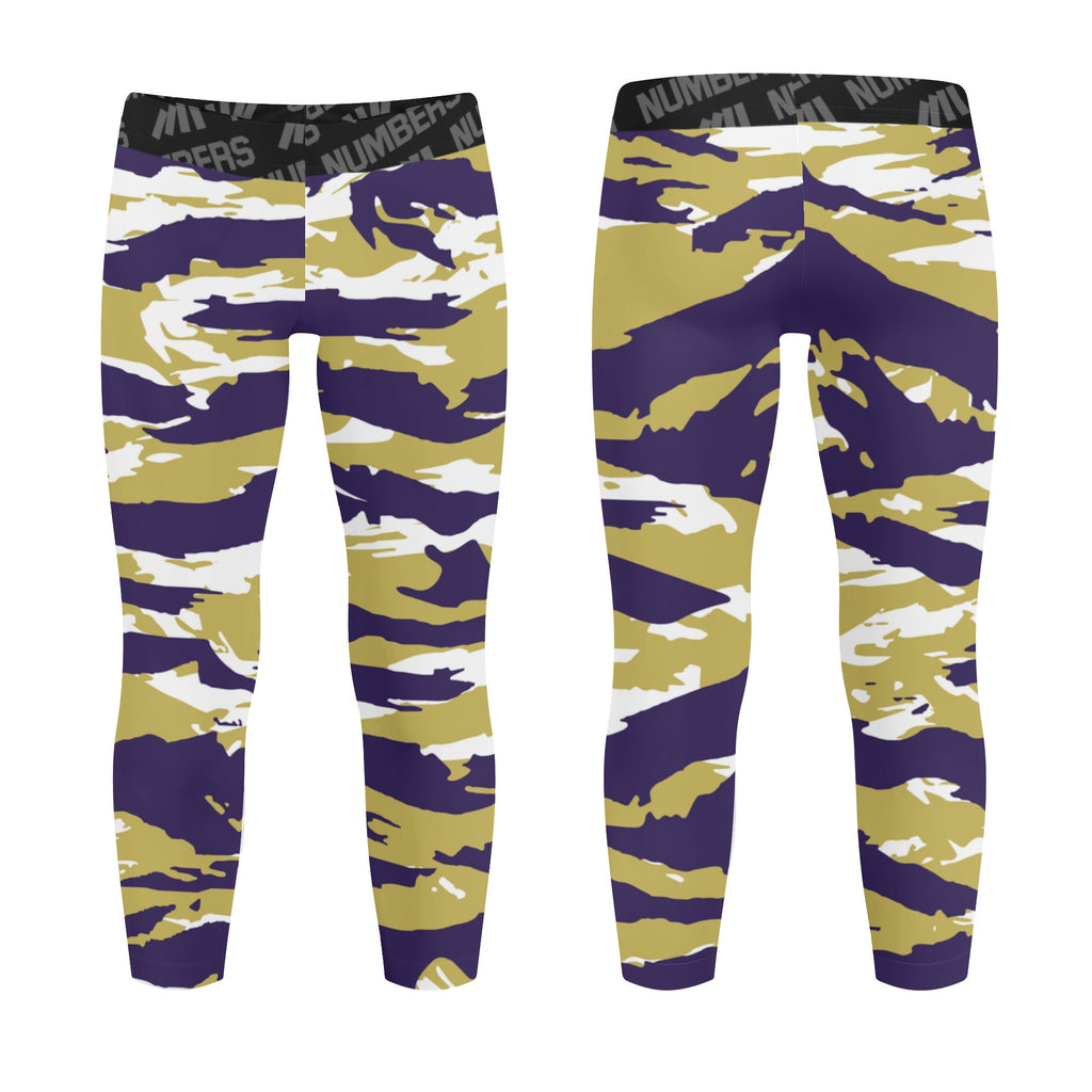 Athletic sports unisex kids youth compression tights for girls and boys flag football, tackle football, basketball, track, running, training, gym workout etc printed with predator purple, gold, and white Washington Huskies