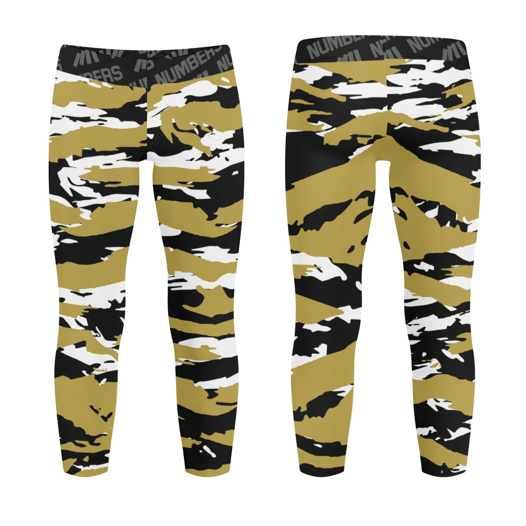 Athletic sports unisex kids youth compression tights for girls and boys flag football, tackle football, basketball, track, running, training, gym workout etc printed with predator gold, black, and white New Orleans Saints