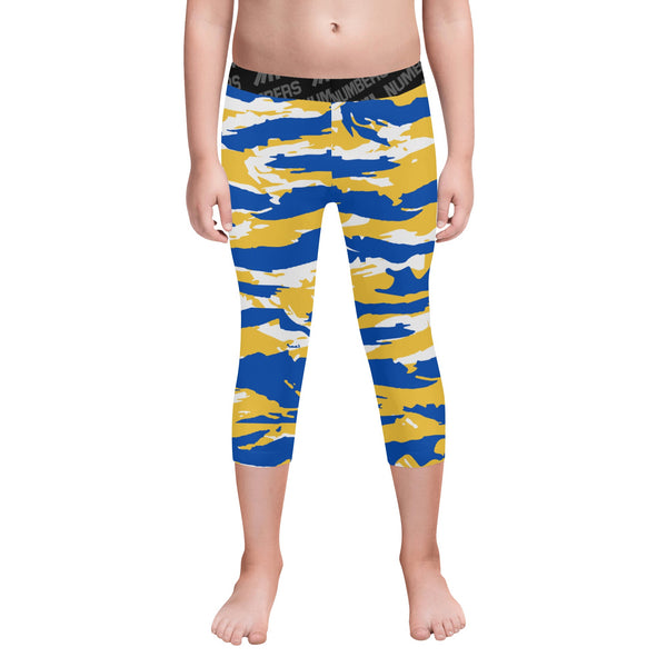Athletic sports unisex kids youth compression tights for girls and boys flag football, tackle football, basketball, track, running, training, gym workout etc printed with predator royal blue, yellow, and white Golden State Warriors