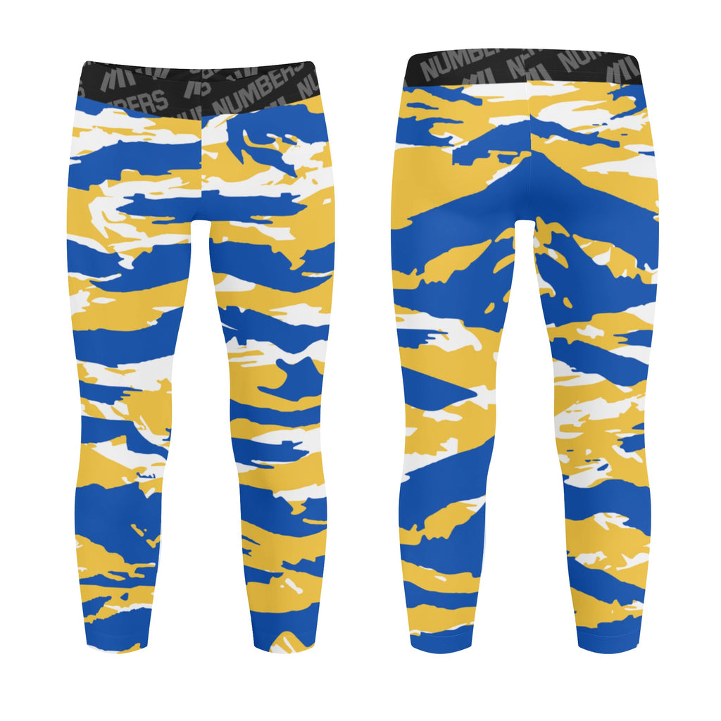 Athletic sports unisex kids youth compression tights for girls and boys flag football, tackle football, basketball, track, running, training, gym workout etc printed with predator royal blue, yellow, and white Golden State Warriors