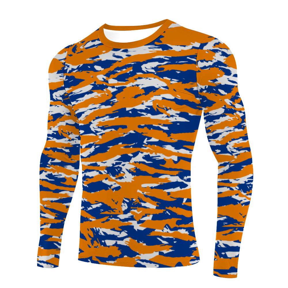 Athletic sports performance shirt for youth and adult football, basketball, baseball, softball, practice, training, etc. printed with orange, blue, white colors of the New York Knicks