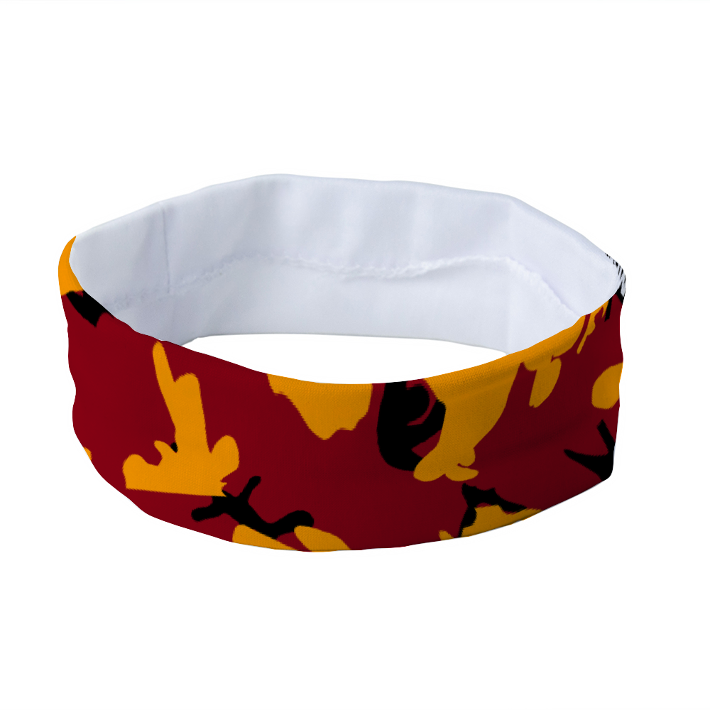 Athletic sports sweatband headband for youth and adult football, basketball, baseball, and softball printed with camo maroon, yellow, and black