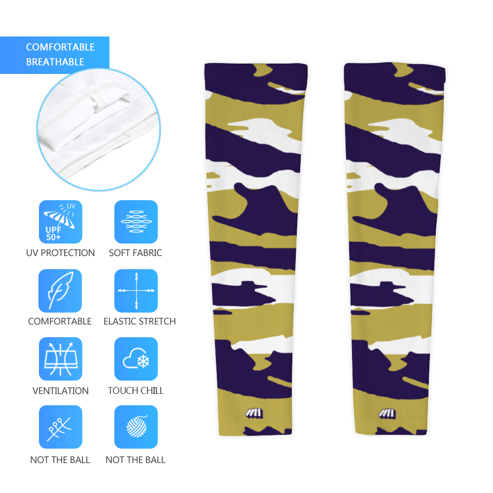 Athletic sports compression arm sleeve for youth and adult football, basketball, baseball, and softball printed with purple, gold, and white colors.