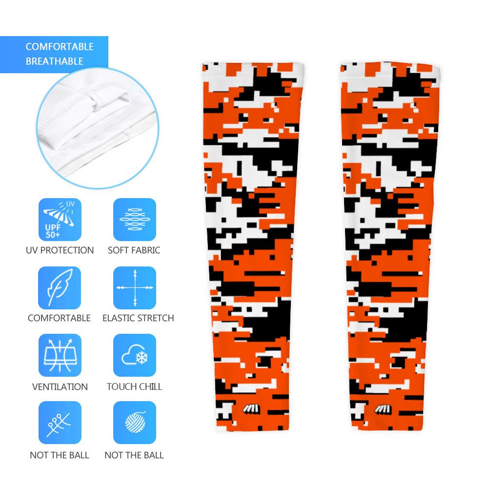 Athletic sports compression arm sleeve for youth and adult football, basketball, baseball, and softball printed with digicamo orange, black, white Cincinnati Bengals colors