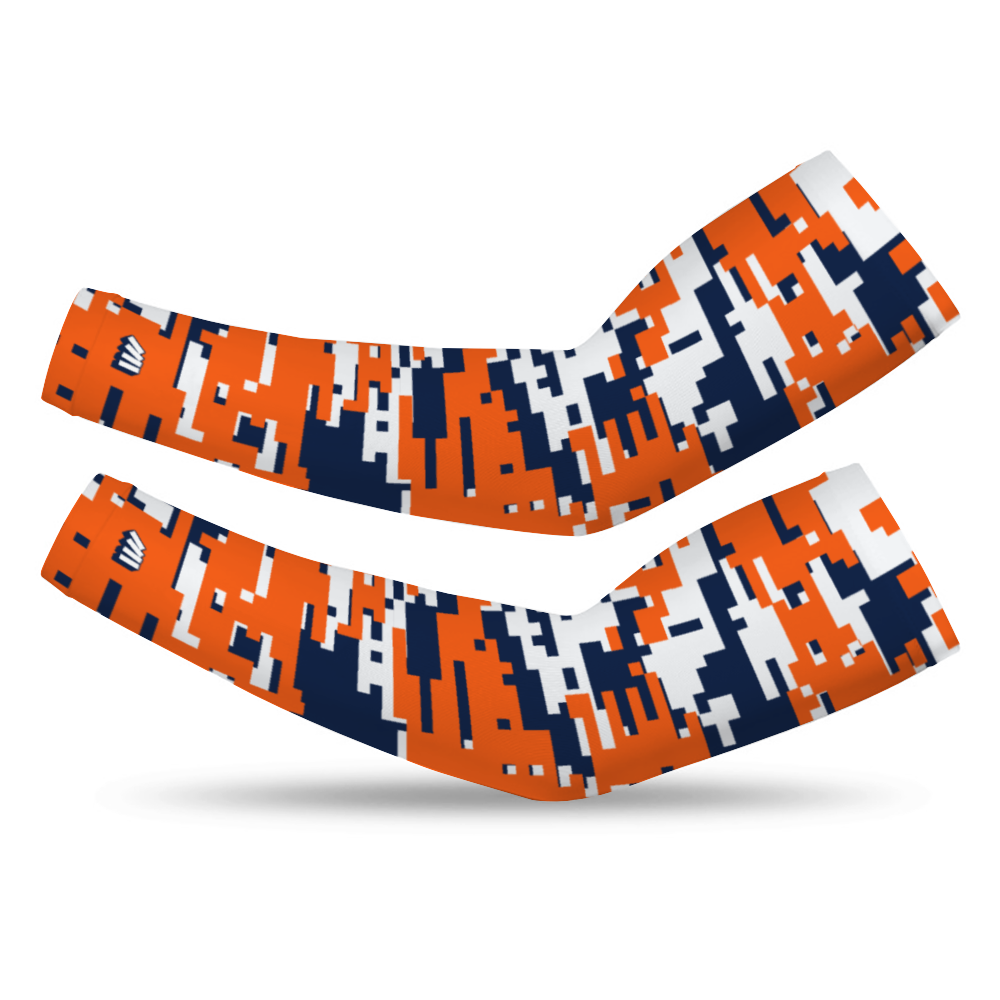 Athletic sports compression arm sleeve for youth and adult football, basketball, baseball, and softball printed with digicamo navy blue, orange, white Denver Broncos colors