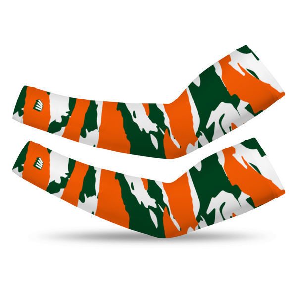 Athletic sports compression arm sleeve for youth and adult football, basketball, baseball, and softball printed with green, orange, and white colors Miami Hurricanes.