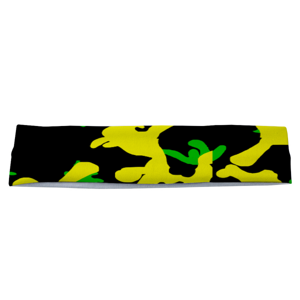 Athletic sports sweatband headband for youth and adult football, basketball, baseball, and softball printed with camo fluorescent green, yellow, black