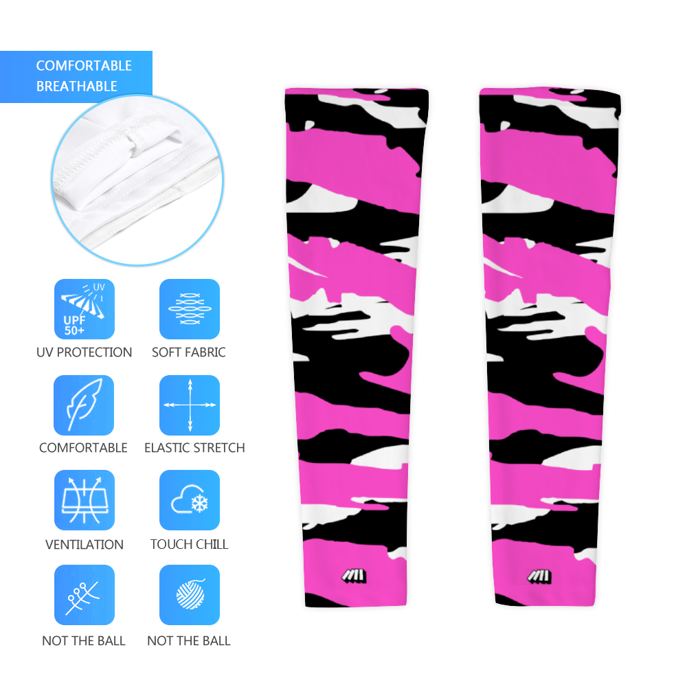 Athletic sports compression arm sleeve for youth and adult football, basketball, baseball, and softball printed with pink, black, and white colors. 