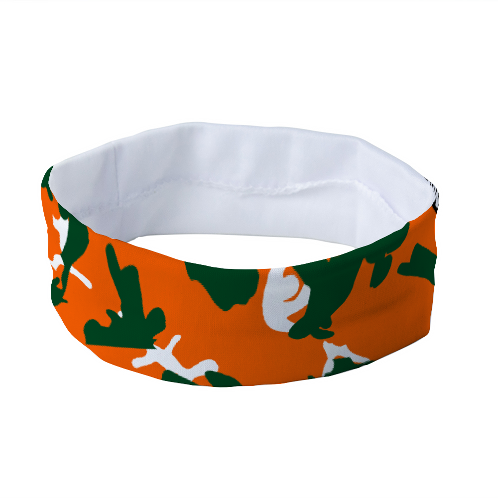 Athletic sports sweatband headband for youth and adult football, basketball, baseball, and softball printed with camo green, orange, and white