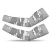 Athletic sports compression arm sleeve for youth and adult football, basketball, baseball, and softball printed with gray and white colors.